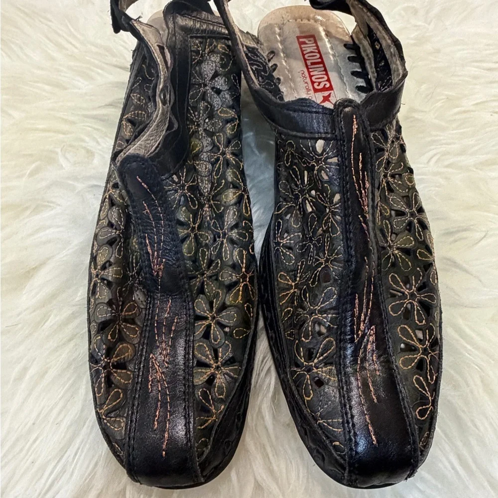Anthropologie Pikolinos Romana Slingbacks US 7 37 Green Floral  Perforated Shoes